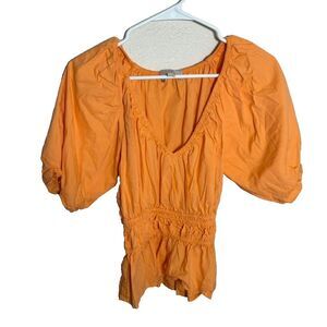 LOFT Blouse Women's XS Orange V-Neck Puff Sleeve Summer Boho Casual Top